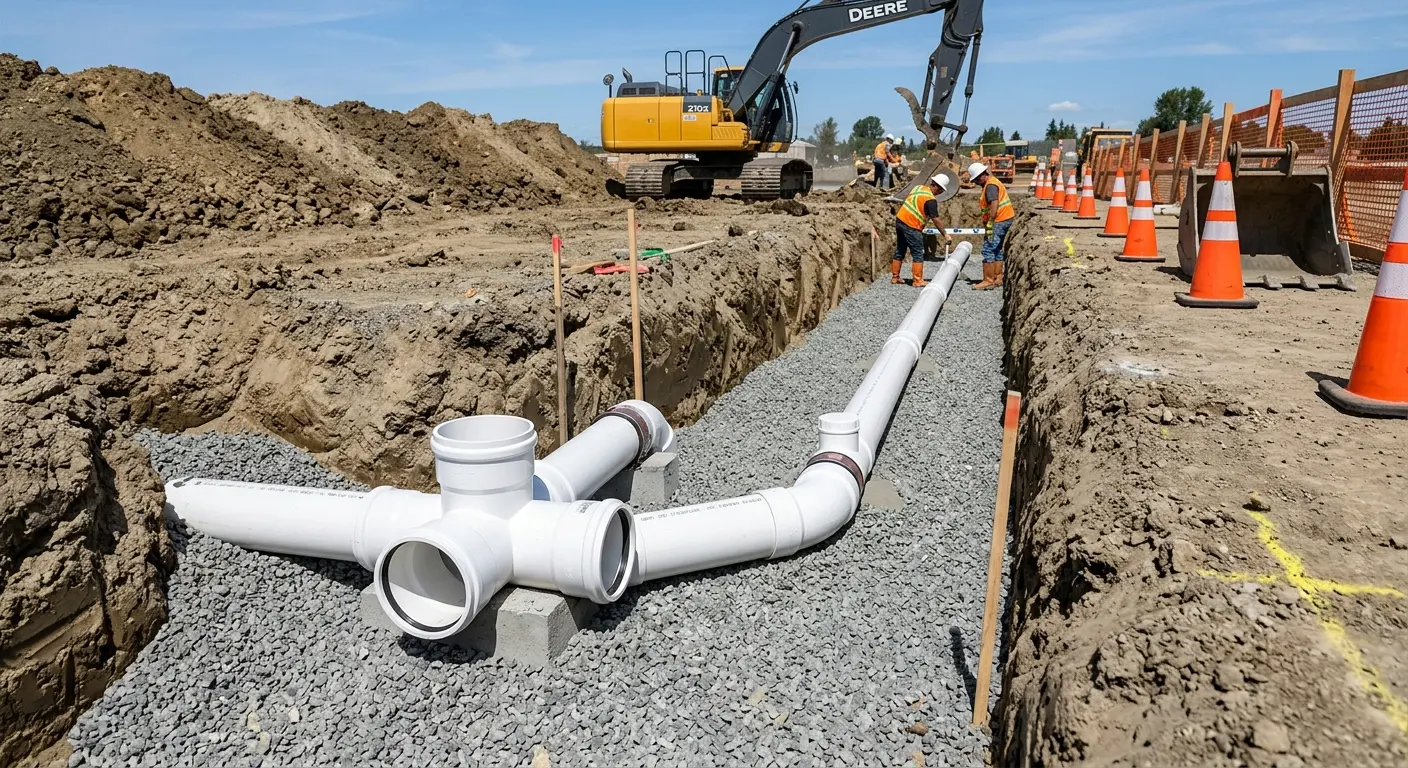 New PVC sewer pipe installation in open trench for Sewer Backup in Gainesville
