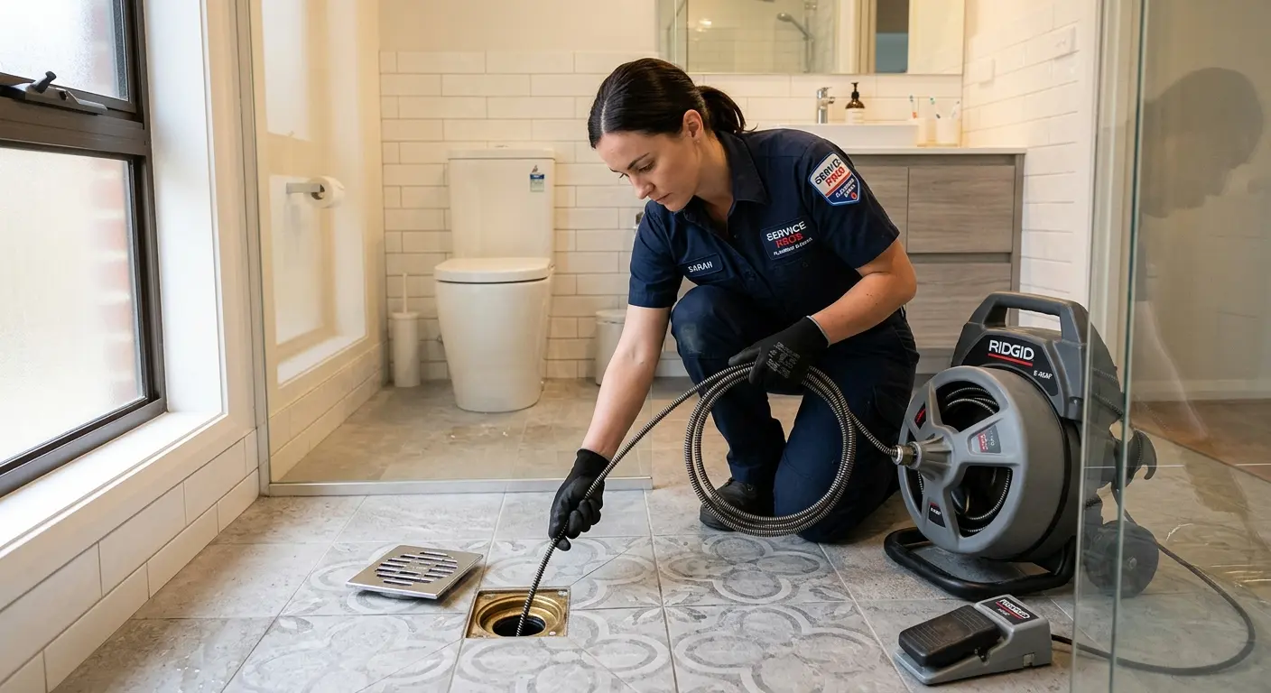 Technician clearing a bathroom floor drain for Drain Cleaning in Gainesville